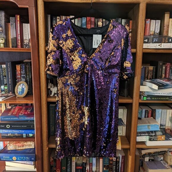 BARDOT v neck short sleeve good and purple sequined cocktail dress sz 8 nwt - Picture 1 of 7
